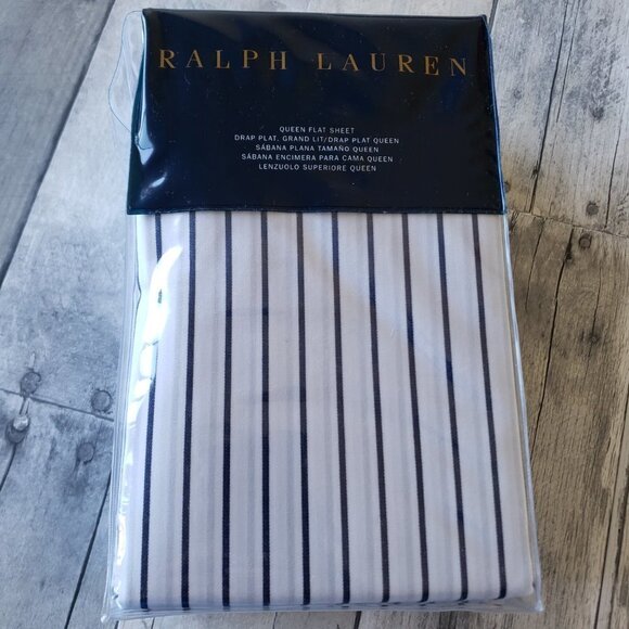 NWT - Ralph Lauren Prescott Stripe Queen Flat Sheet - Navy Blue/White Stripe - Picture 1 of 6